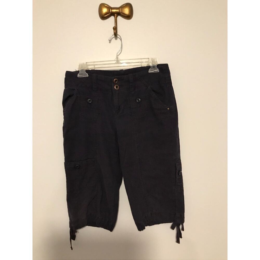 Anthro Hei Hei Linen Cargo Pants 4 Navy Cropped Drawstring - Picture 2 of 13